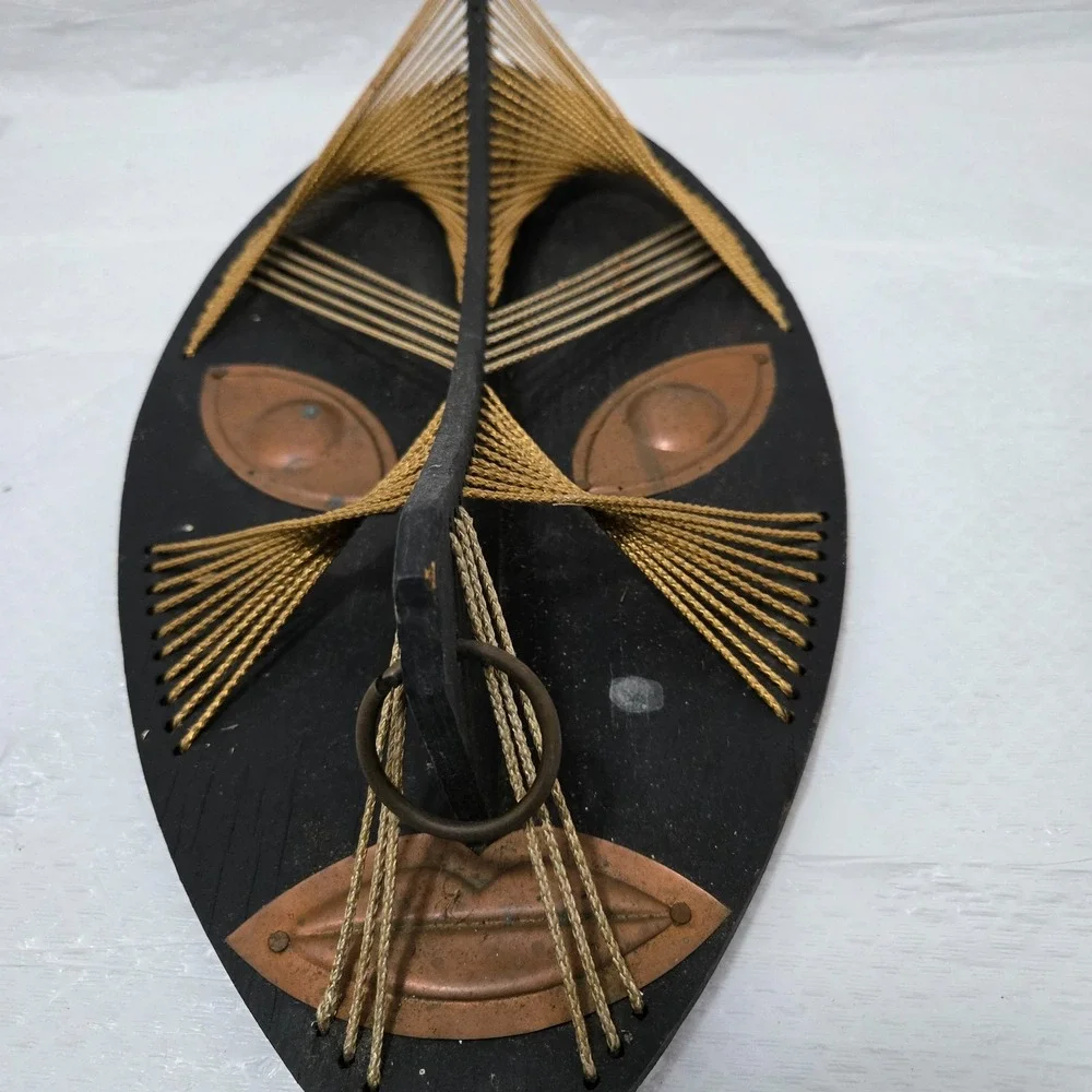 Vintage MCM African Inspired String‎ Art Mask Wood Copper Wall Plaque 14